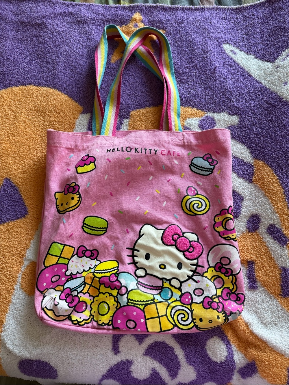 Sanrio Hello Kitty Cafe Sweet Treats Pink Striped Handle Tote Bag